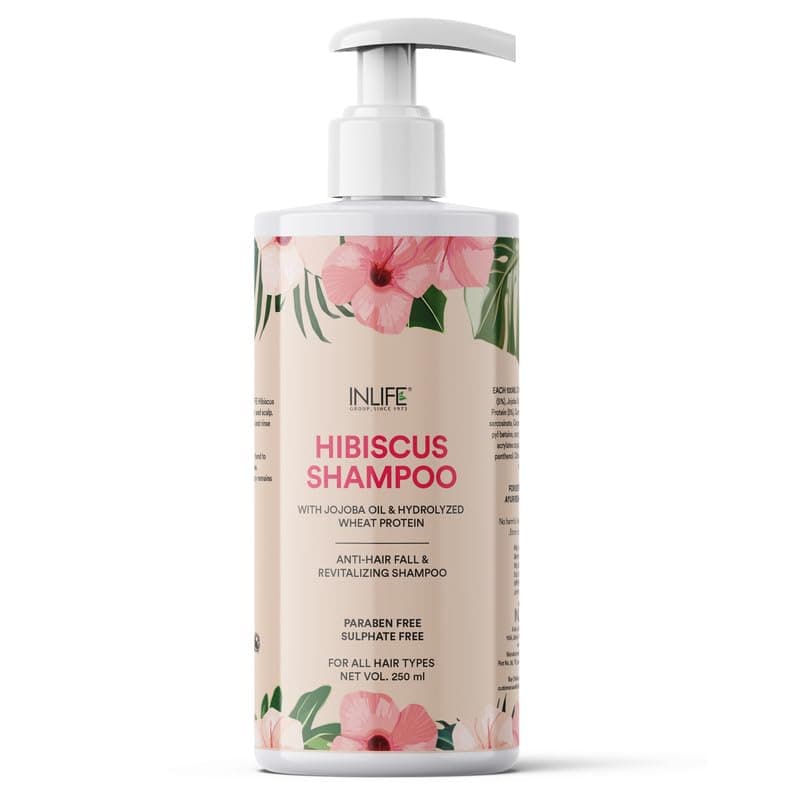 INLIFE Hibiscus Shampoo | Ayurvedic Natural | with Jojoba Oil & Hydrolyzed Wheat Protein | Dry and Frizzy Hair | Paraben & Sulphate Free | Women Men - 250ml (Pack of 1, 250)