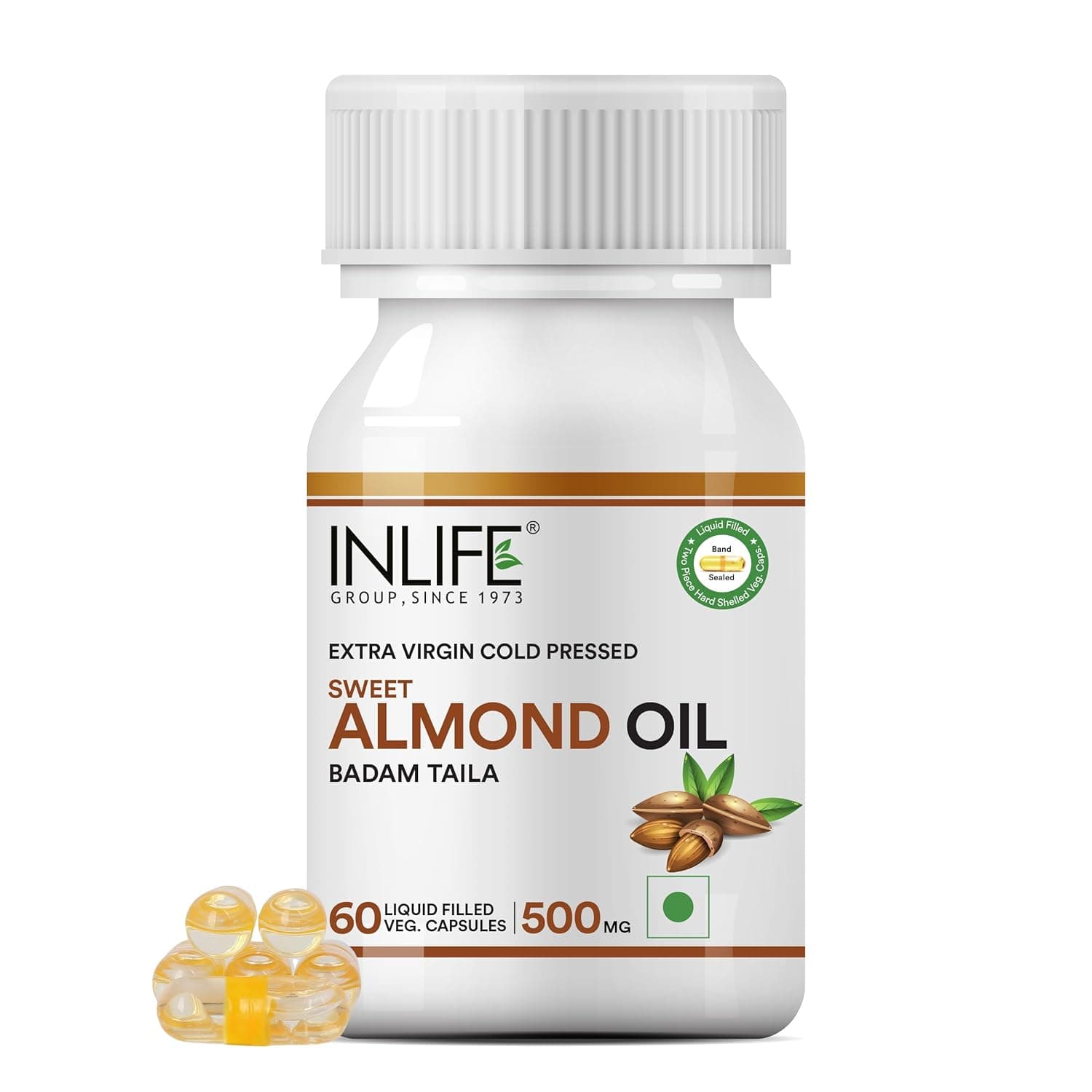 INLIFE Sweet Almond Extra Virgin Cold Pressed Oil, 500mg - 60 Vegetarian Capsules