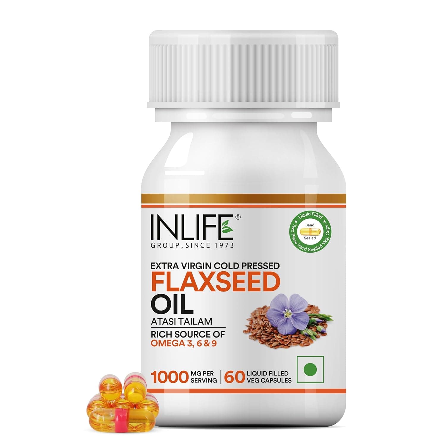 INLIFE Flaxseed Oil Veg Omega 3 6 9 Supplement, Extra Virgin Cold Pressed 500 mg - 60 Vegetarian Capsules (Pack of 1)