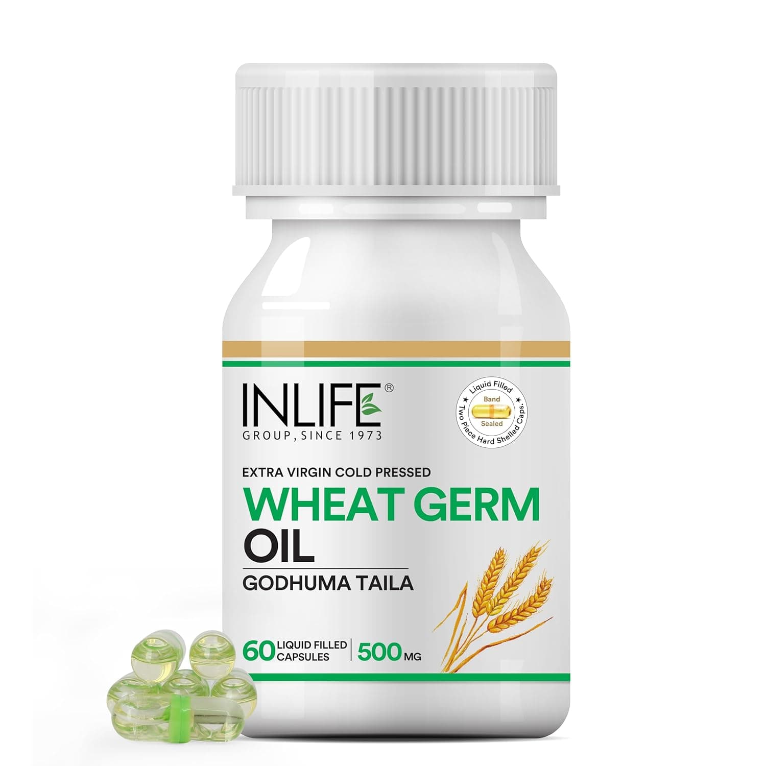 INLIFE Wheat Germ Oil Supplement | Natural Source of Vitamin E, 500 mg - 60 Capsules (pack of 1, 60)