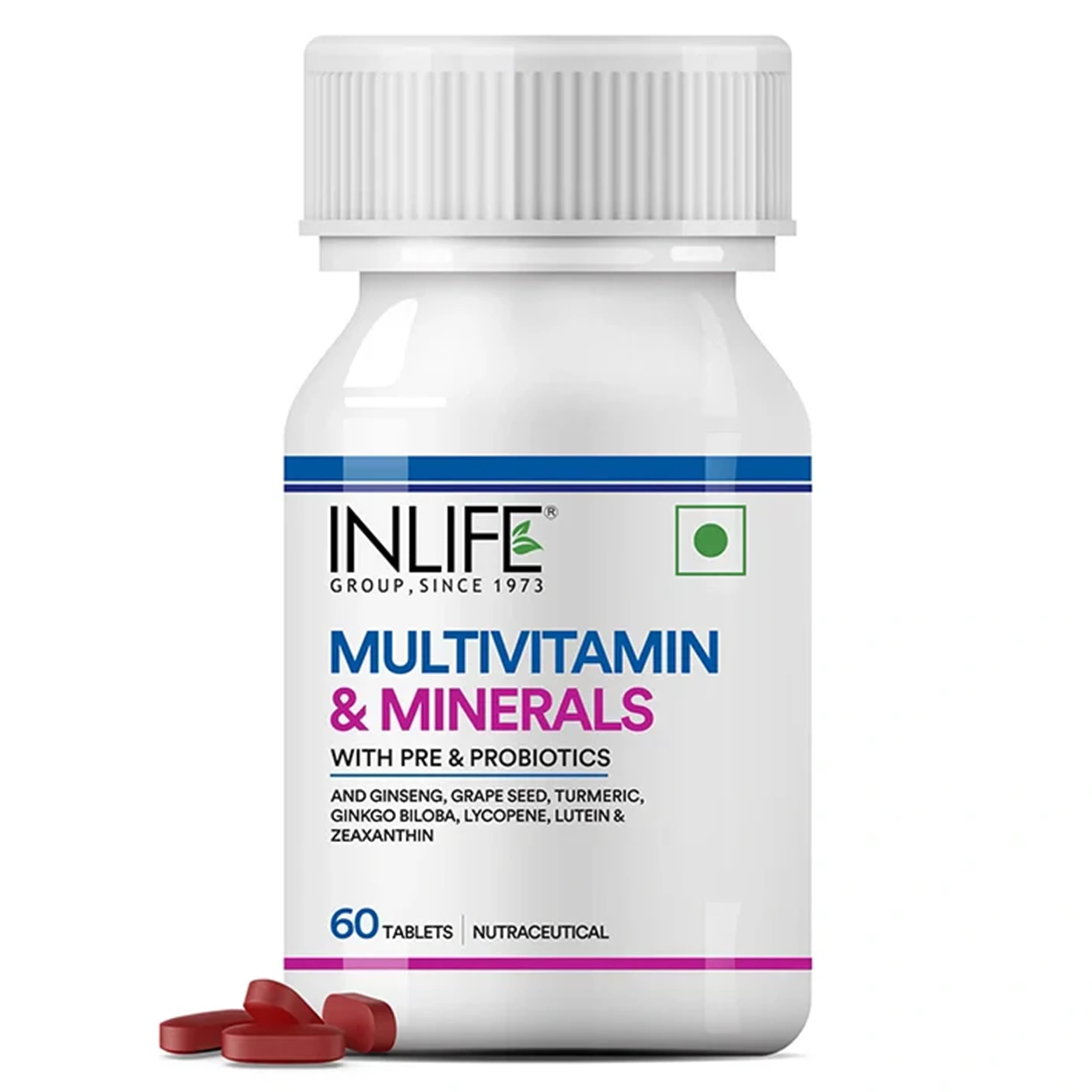 INLIFE Multivitamin Tablets For Men & Women with Ginseng & Prebiotic Probiotic | Multivitamin Supplement with Vitamin B12, C, D, E, Zinc & Biotin Nutrition Tablet - 60 Tablets (Pack of 1, 60) (Adult)