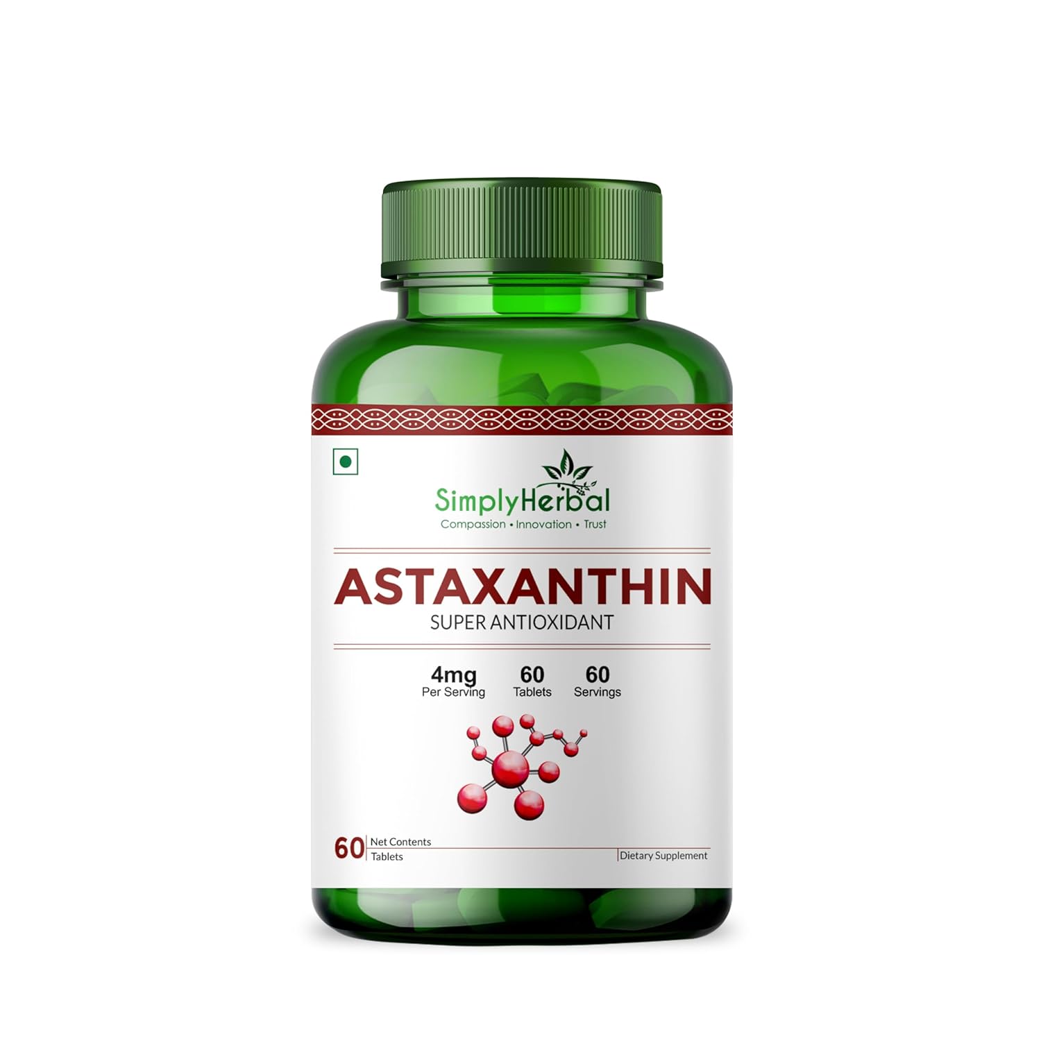 Simply Herbal Astaxanthin 4mg Super Antioxidant, Supplement tablet Promote Healthy Skin & Muscle Health Also Support Heart Function & Immunity (60 Veg Tablets)