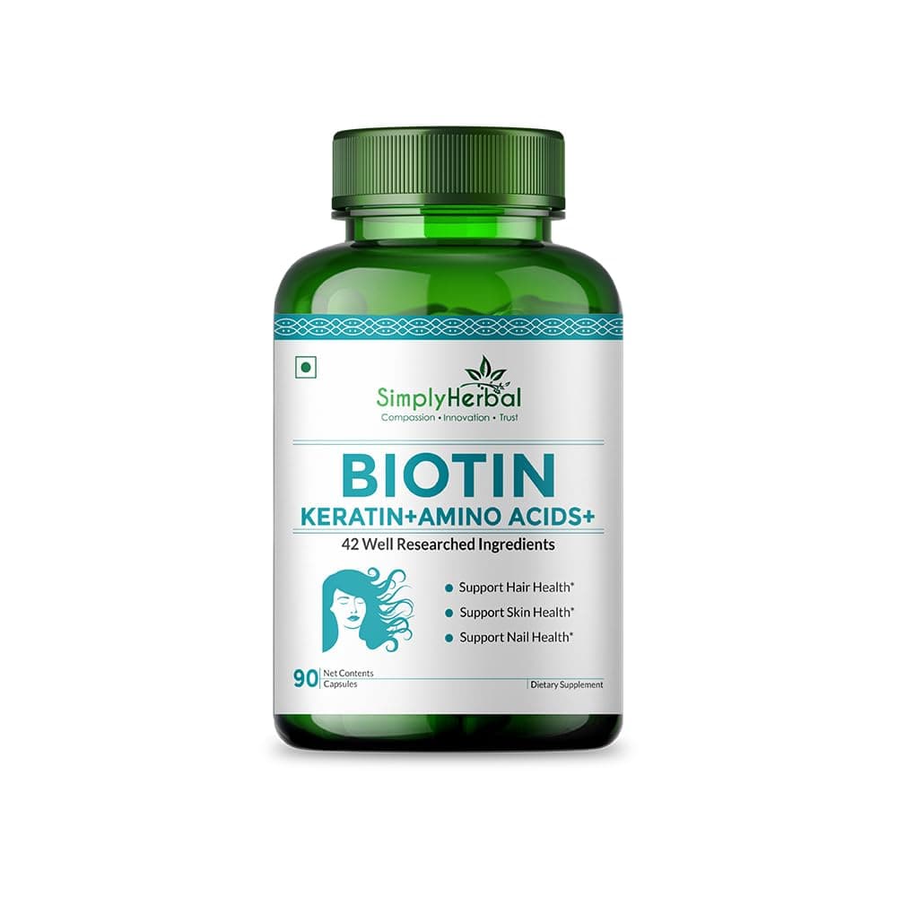 Simply Herbal Natural Biotin Vitamin B7 Capsules for Hair & Skin Enriched With Keratin + Multivitamin + Amino Acid For Men Women (90 Capsules)