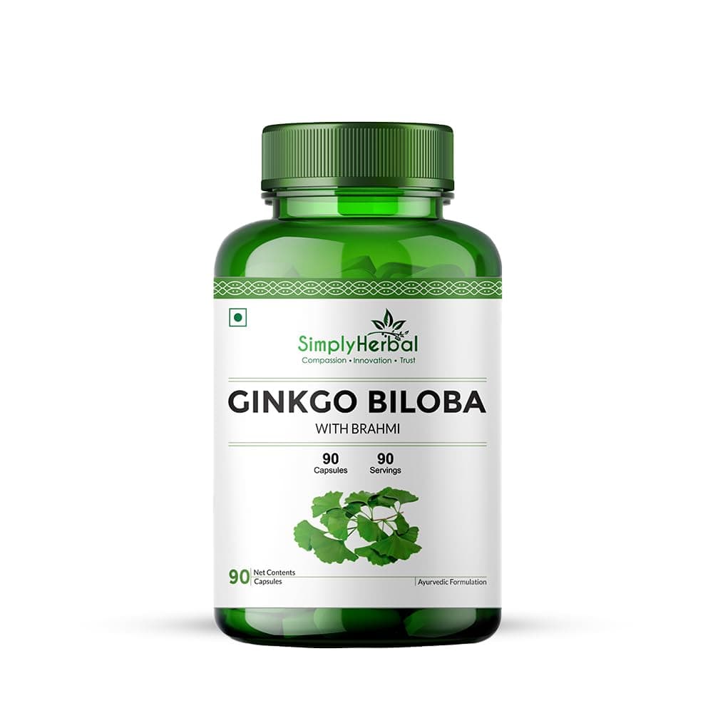Simply Herbal Ginkgo Biloba 120mg With Bacopa Monnieri Extract Brahmi 380mg for Better Concentration, Improves Blood Circulation, Enhance Alertness, Memory & Learning, 90 Capsules