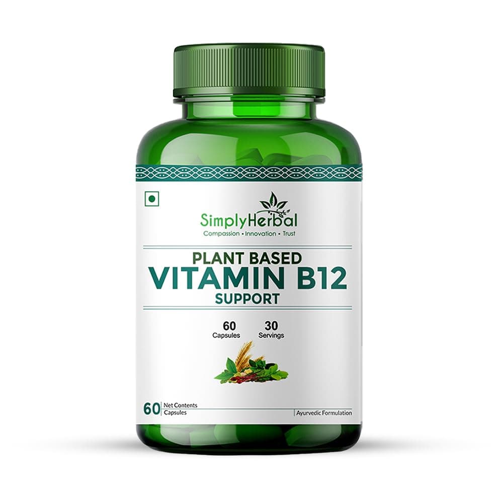 Simply Herbal Plant Based Vitamin B12 Capsules Improves Your Brain Function & Nervous System for Men & Women, (60 Capsules)