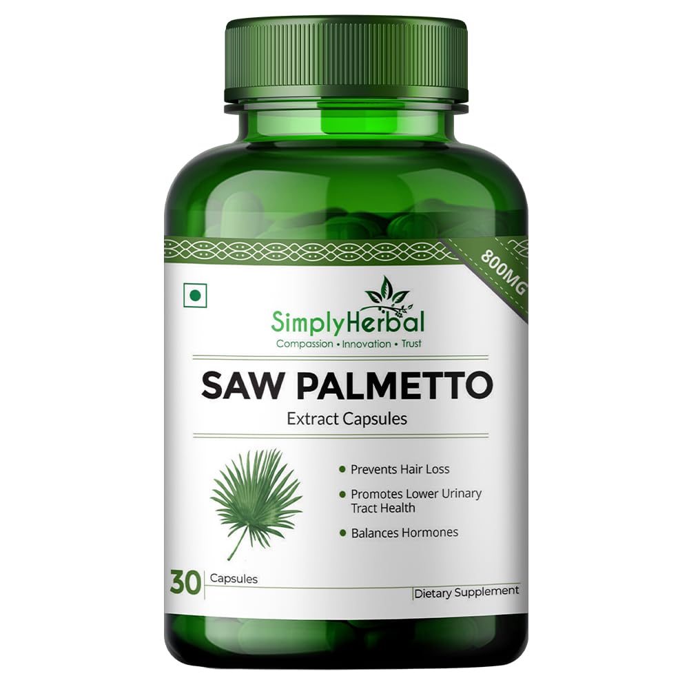 Simply Herbal 800mg Organics Saw Palmetto Extract Supplement for Hair Growth & Prostate Health | Support Urinary Tract Function | Boost Immune System for Men and Women - Pack of 1, 30 Veg Capsules