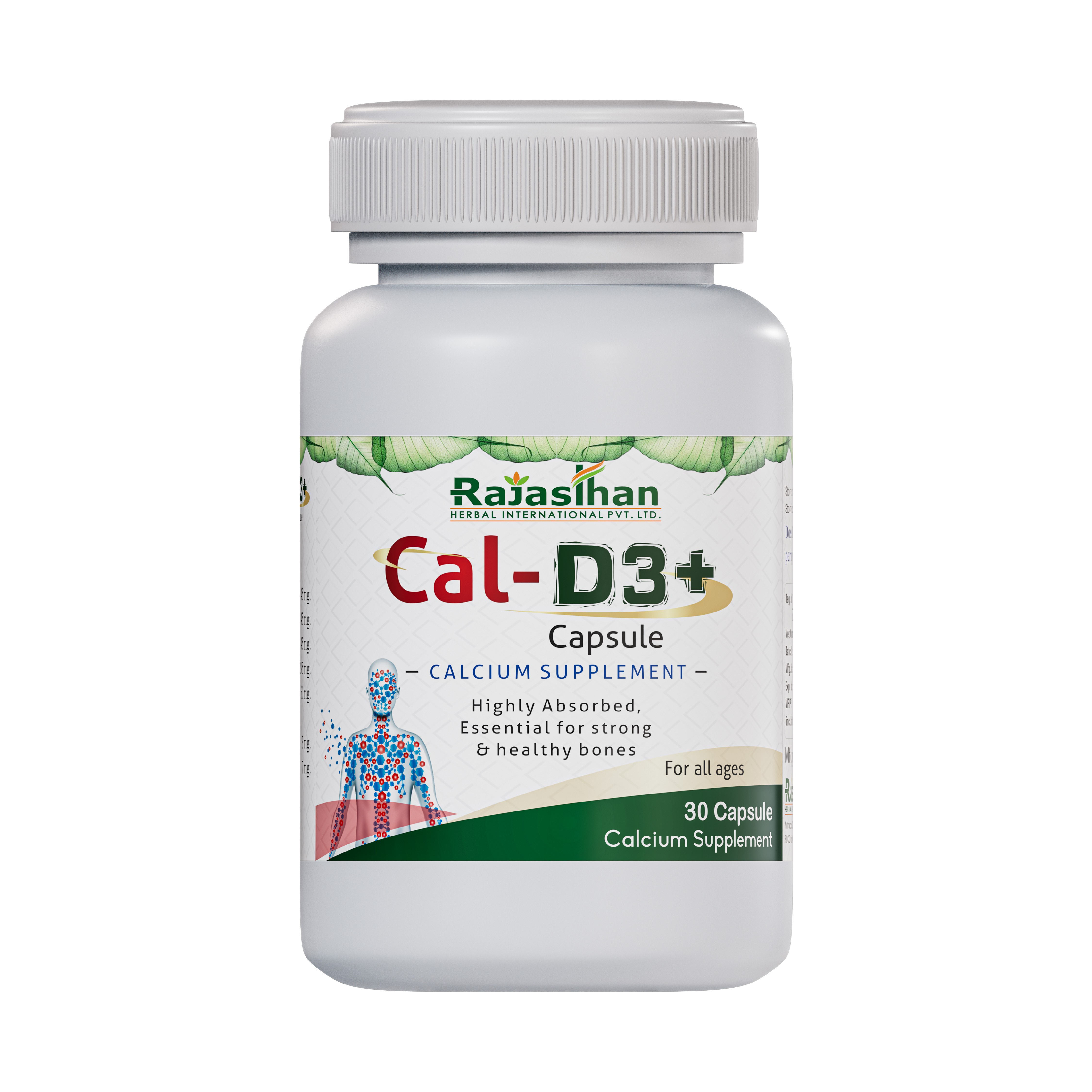 Cal-D3+ Capsules by Rajasthan Aushdhalaya | Calcium Supplement | Essential for Strong & Healthy bones | 30 Capsules