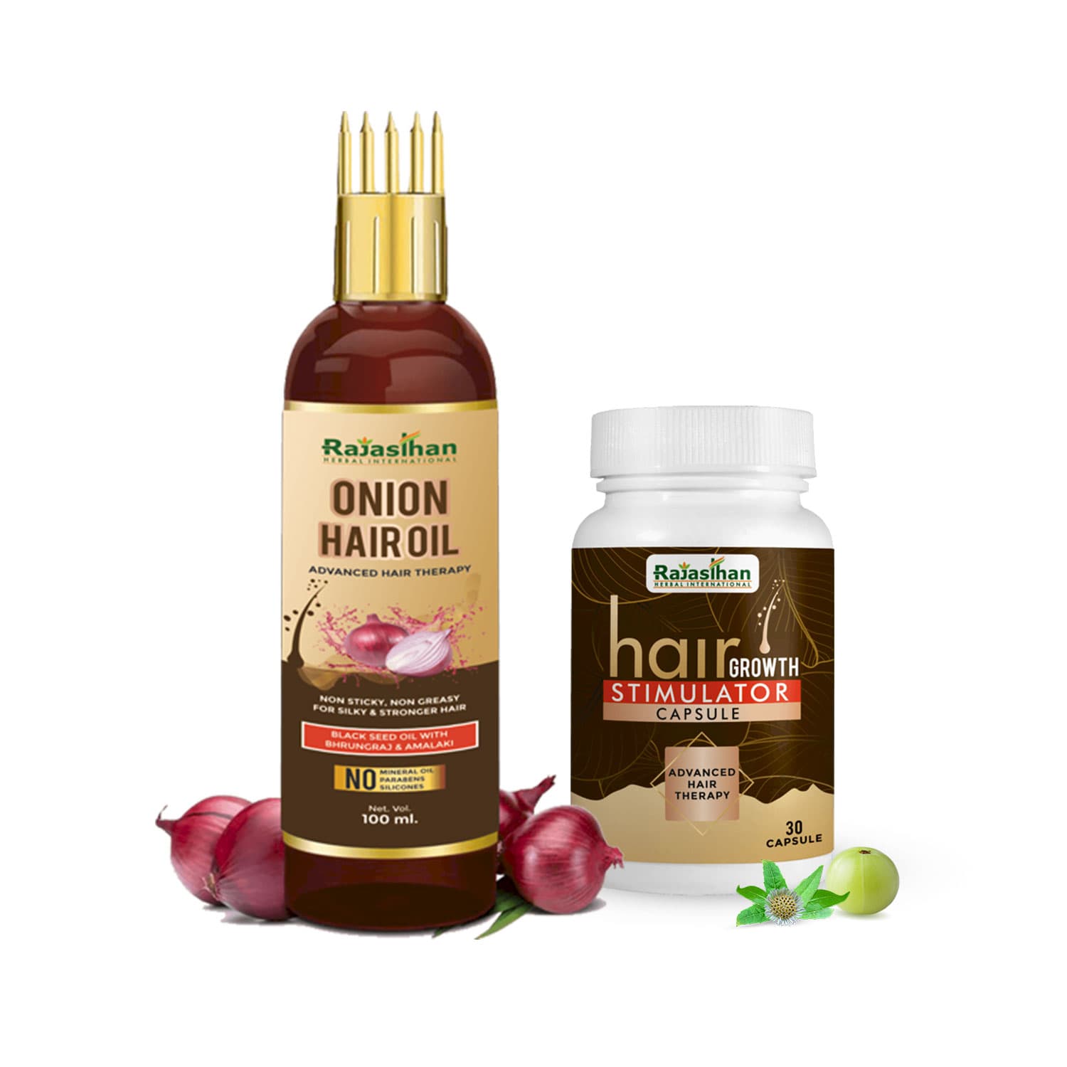 STIMULATOR by Rajasthan Aushdhalaya Onion Hair Oil 100 ml & Hair Growth Stimulator 30 Capsule Combo Pack