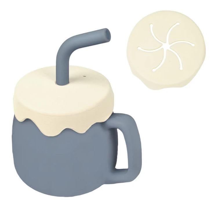 Adore ZEST 2 in 1 Silicone Sip n Snack Sippy Cup with Straw - Silicone Straw Cup for Toddler - Baby Snack Cups with Straw & Lid - 180 ml (Sea Grey)