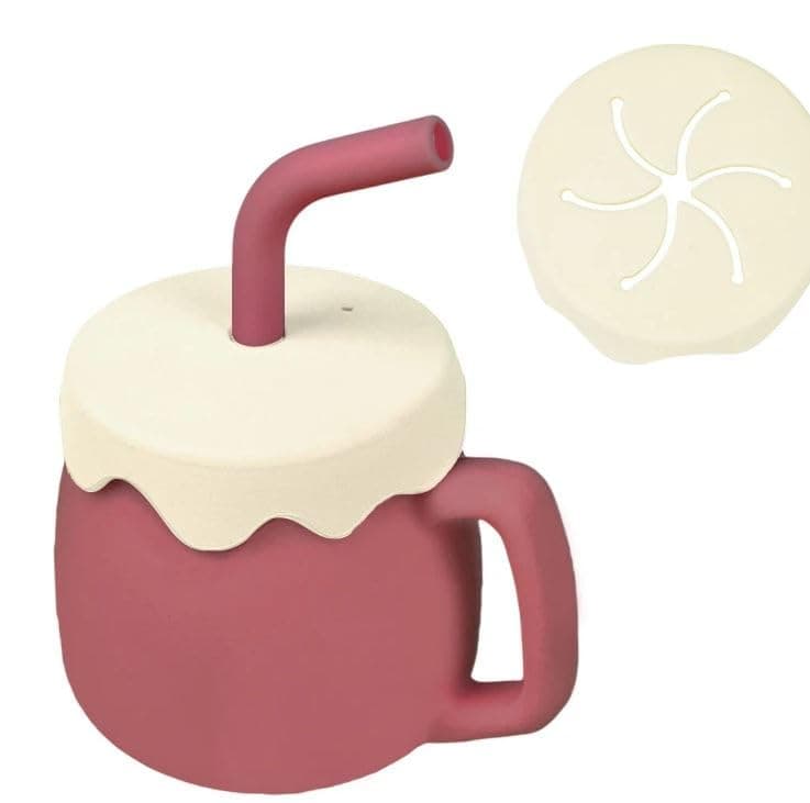 Adore ZEST 2 in 1 Silicone Sip n Snack Sippy Cup with Straw - Silicone Straw Cup for Toddler - Baby Snack Cups with Straw & Lid - 180 ml (Dark Pink)