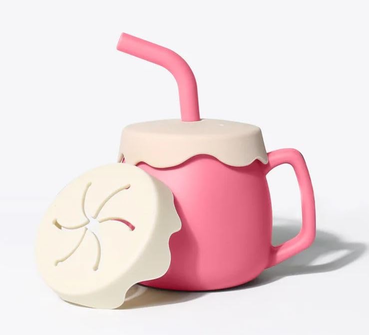 Adore ZEST 2 in 1 Silicone Sip n Snack Sippy Cup with Straw - Silicone Straw Cup for Toddler - Baby Snack Cups with Straw & Lid - 180 ml (Bright Pink)