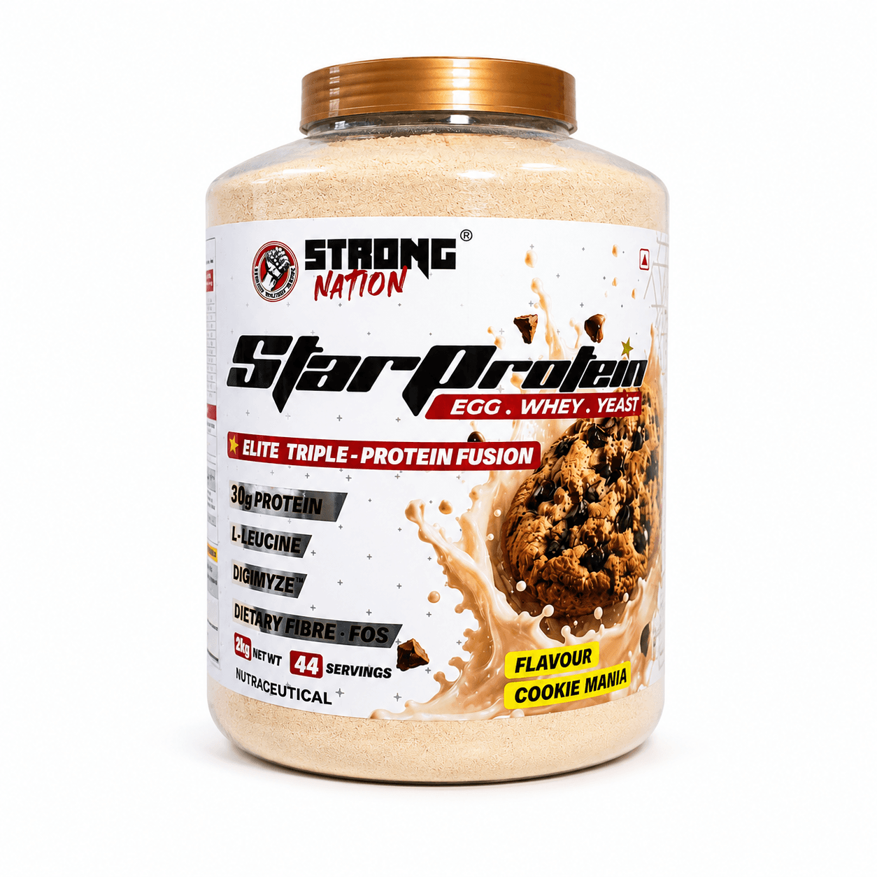 Strong Nation Star Protein Cookie Mania | Triple Protein Blend Egg, Whey & Yeast | 30g Protein Per Serving | L-Leucine, Digimyze & FOS | Muscle Recovery, Lean Muscle Growth & Daily Nutrition Supplement | 2kg