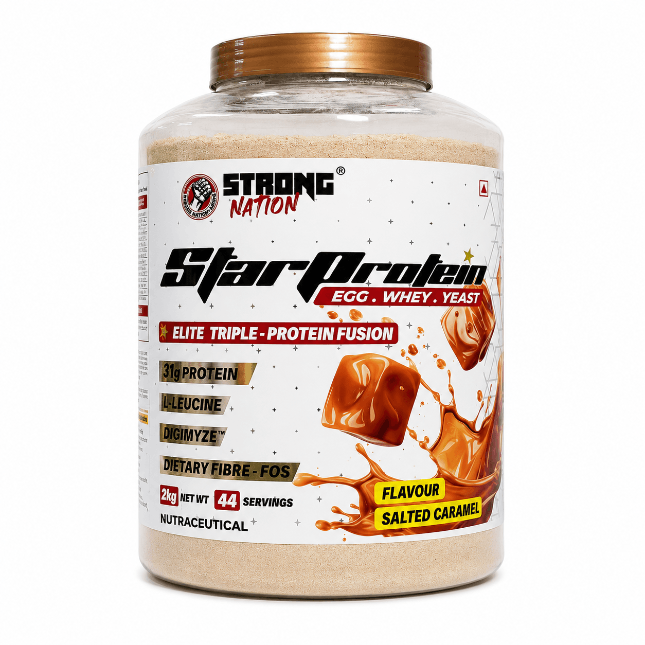 Strong Nation Star Protein Salted Caramel | Triple Protein Blend with Egg, Whey & Yeast | 30g Protein Per Serving | L-Leucine, Digizyme & FOS | High Protein Powder for Muscle Growth & Recovery | 2kg