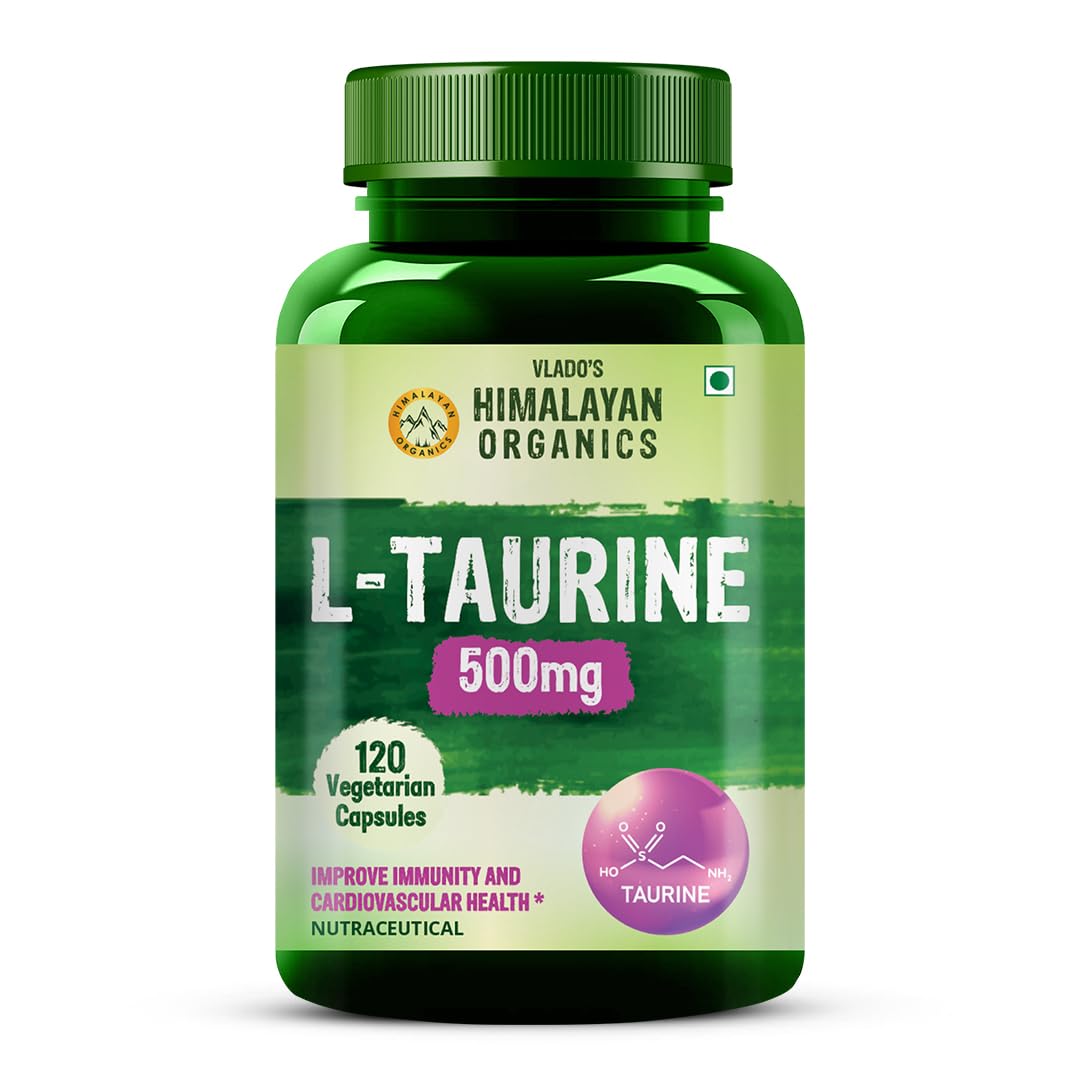 Vlado's Himalayan Organics L-Taurine 500mg Supplement | Support Muscle Recovery | Improve Performance | Promotes Vision & Nerve Health - 120 Veg Capsules