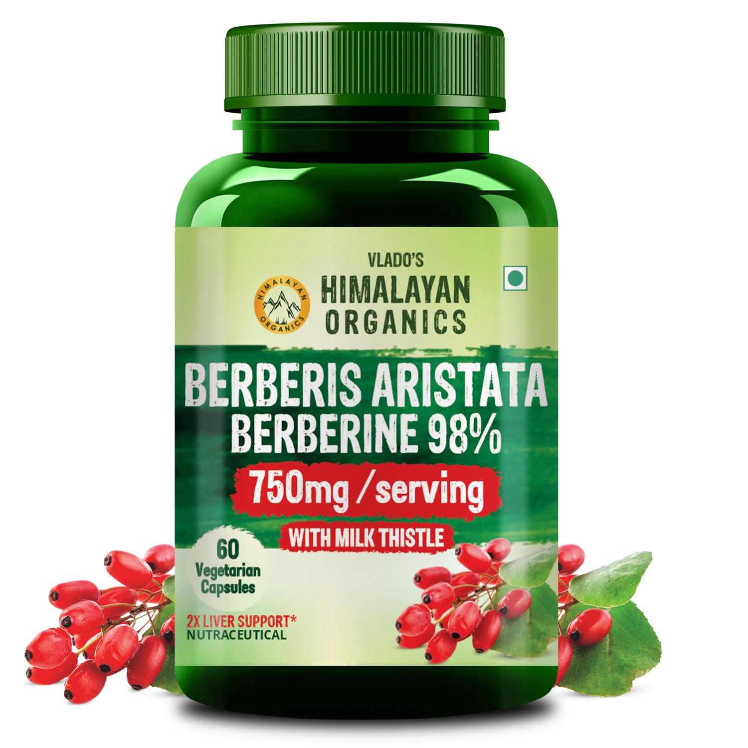 Vlado's Himalayan Organics Berberis Berberine 98% with Milk Thistle I Berberine Capsules 750 mg | Berberine Supplements for 2X Liver Support I Berberis Aristata ISupports Liver Health, Antioxidant Protection & Weight Management | Herbal Formula for Detox & Metabolic Wellness - 60 Veg Capsules