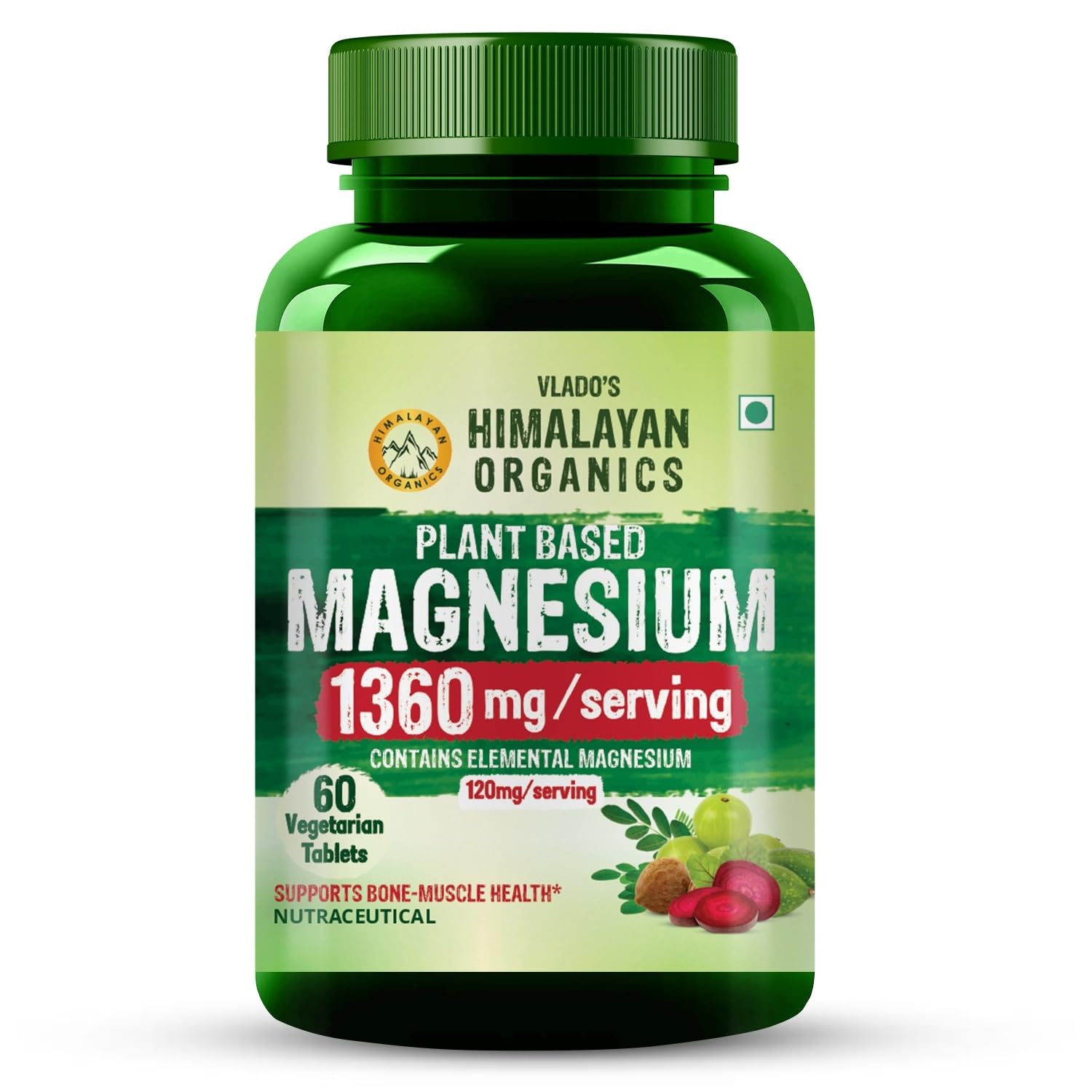 Vlado's Himalayan Organics Plant Based Magnesium Supplement 1360mg With Turmeric Spirulina, Wheatgrass, Moringa | Supports Bone Muscle & Bone Health | Boost Energy Level - 60 Veg Tablets