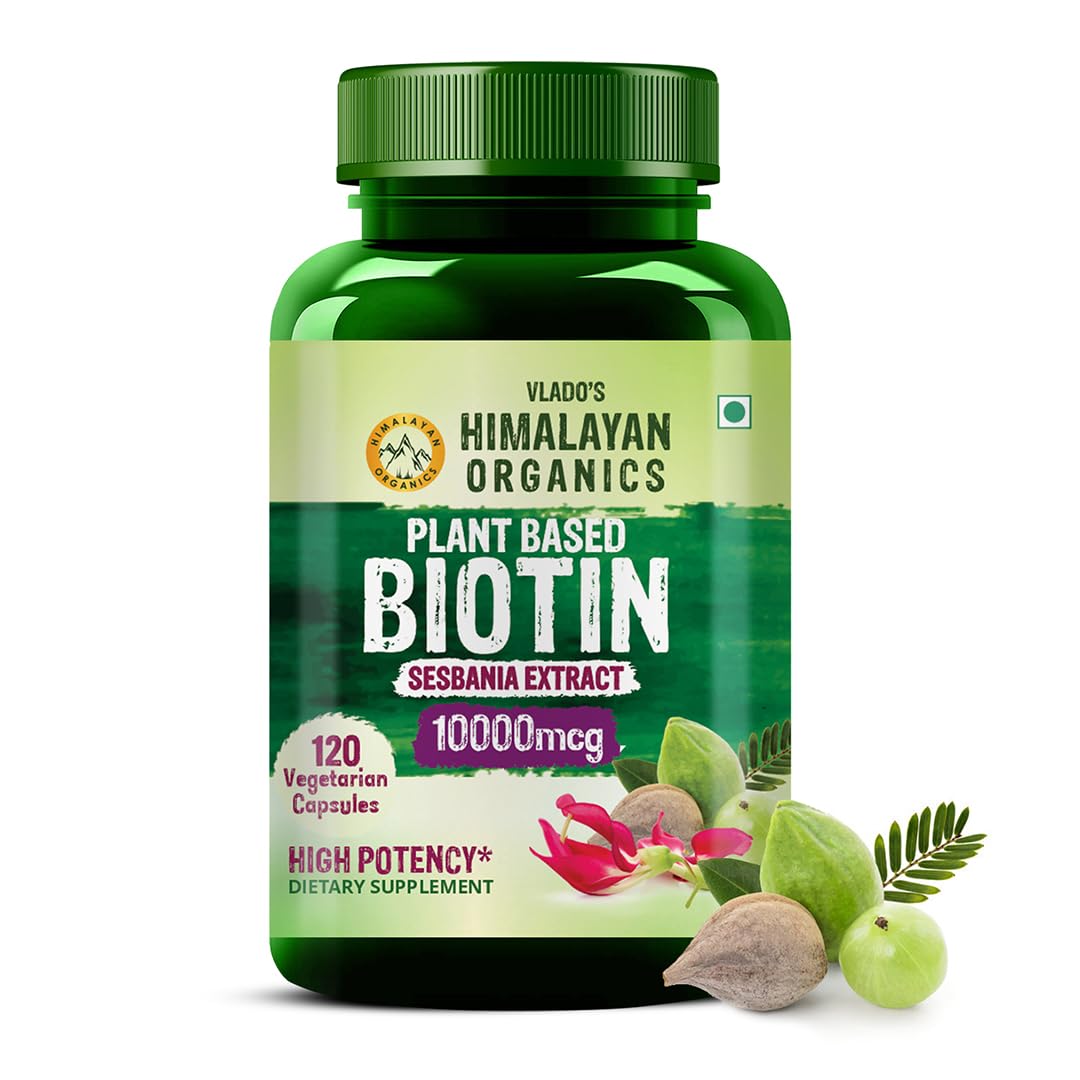 Vlado’s Himalayan Organics Plant Based Biotin 10000Mcg For Longer Hair Growth | Glowing Skin And Longer Nails Supplement | For Men And Women - 120 Veg Capsules