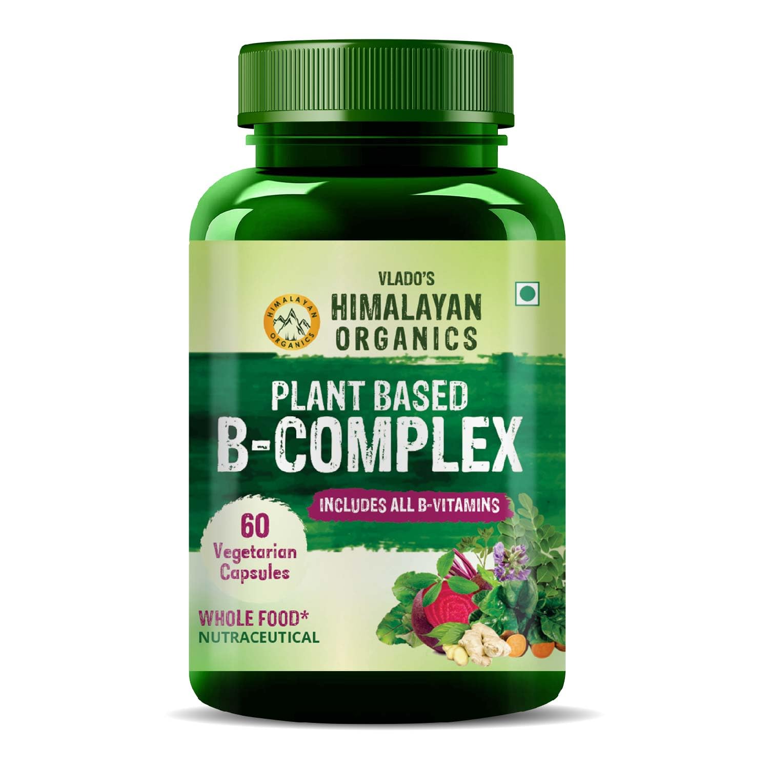 Vlado’s Himalayan Organics Plant Based Vitamin B Complex with 100% RDA B1, B2, B3, B5, B6, B9 & B12 | Hair Growth, Boost Energy And Immunity (60 Capsules)
