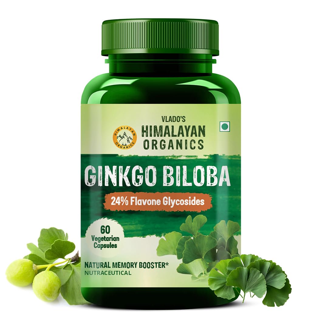 Vlado’s Himalayan Organics Ginkgo Biloba 500mg With Brahmi for Better Concentration, Memory & learning | Helps Anxiety & Stress | Healthy Blood Circulation - 60 Veg Capsules
