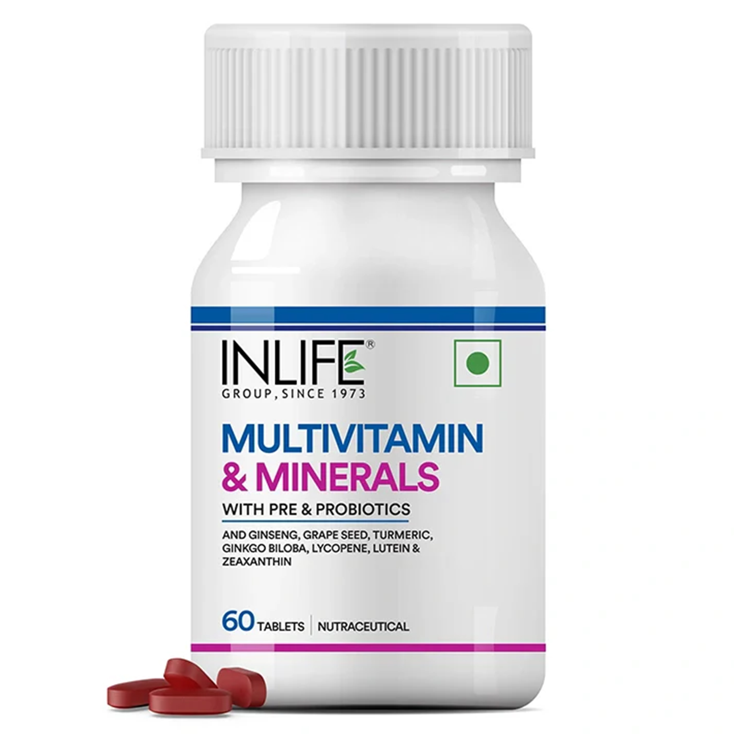 INLIFE Multivitamin Tablets For Men & Women with Ginseng & Prebiotic Probiotic | Multivitamin Supplement with Vitamin B12, C, D, E, Zinc & Biotin Nutrition Tablet - 60 Tablets (Pack of 1, 60) (Adult)