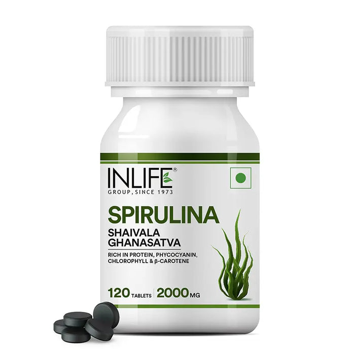 INLIFE Spirulina Tablet  2000 mg | Green Superfood Supplement | Nutritional Supplement Protein Fiber Antioxidants - 120 Tablets