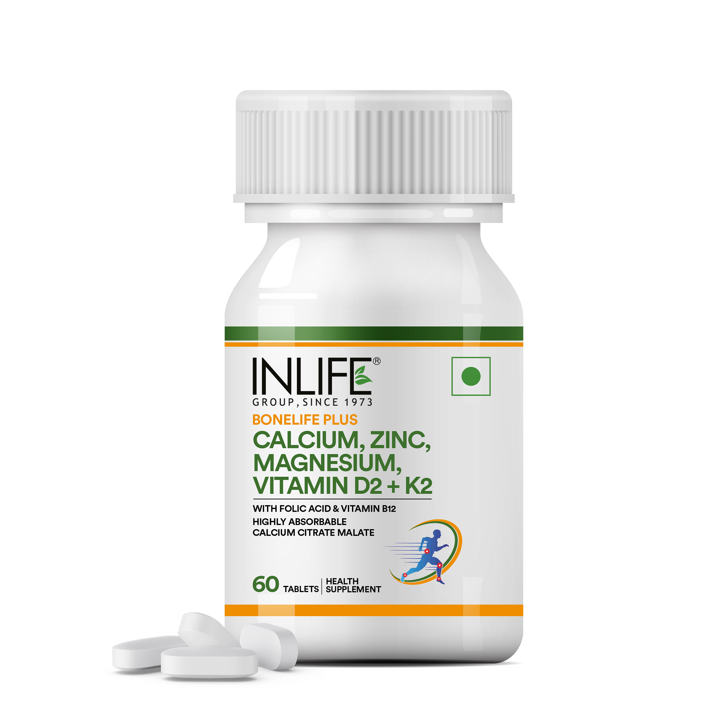 INLIFE Calcium Magnesium Zinc Vitamin D B12 | With K2 & Folic Acid Supplement | Bone & Joint Support Supplement for Women and Men - 60 Tablets