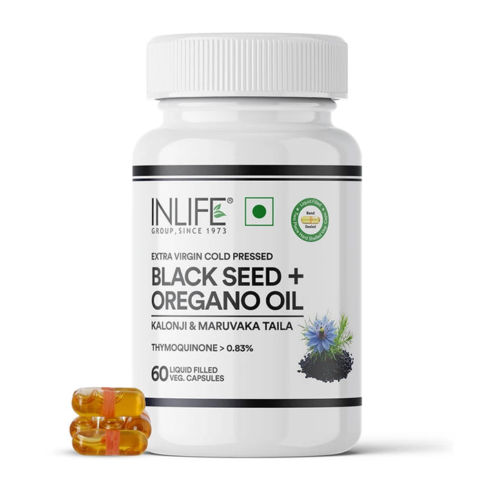 INLIFE Black Seed Oil (480 mg) & Oregano Oil (20 mg, 50:1) | Extra Virgin Cold-Pressed | Antioxidant, Immune & Wellness Support | 60 Liquid Filled Veg Capsules