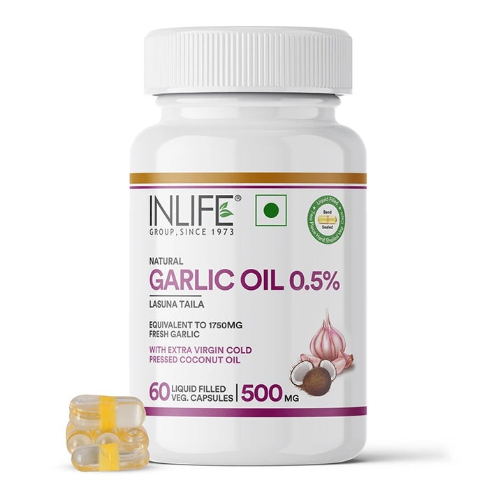 INLIFE Natural Garlic Oil with Coconut Oil Filled Capsules | Extra Virgin Cold Pressed Oil | Helps Support Heart Health, Immunity & Digestion | 60 Vegetarian Capsules