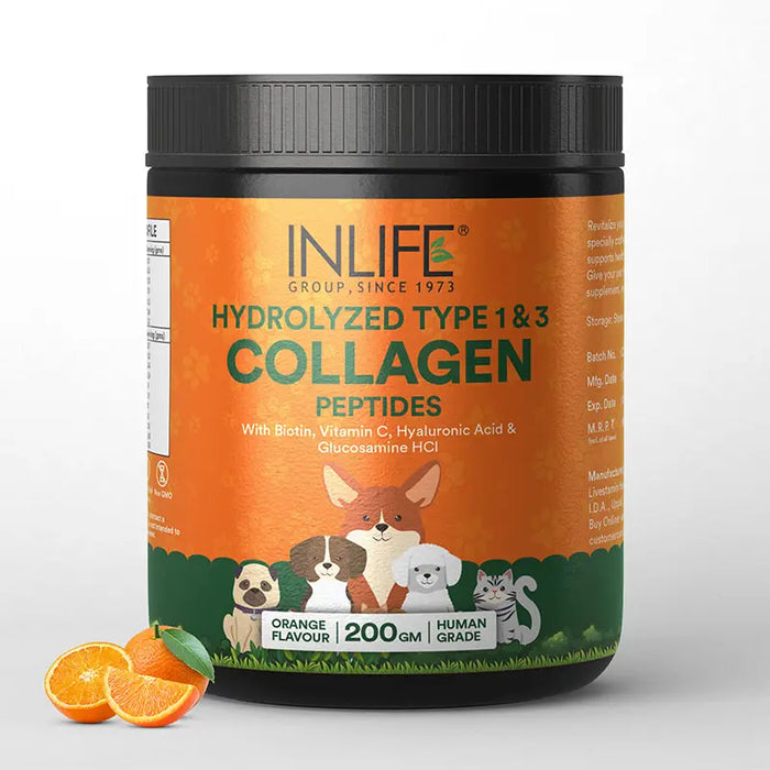 INLIFE Collagen for Dogs & Cats | Hydrolyzed Collagen Powder For Skin, Coat & Joints | Clinically Proven Ingredient with Biotin, Vitamin C, Hyaluronic Acid & Glucosamine | Pet Supplement (Orange)