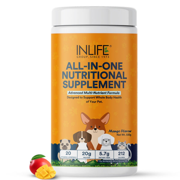 INLIFE Nutritional Meal Mix Powder for Dogs Cats and Pets, Protein Supplement with Advanced Multi-Nutrient Formula | Improves Growth and Development | Pet Supplement- 500g (Mango)