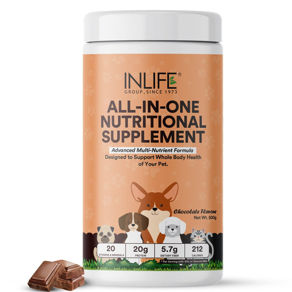 INLIFE Nutritional Meal Mix Powder for Dogs Cats and Pets, Protein Supplement with Advanced Multi-Nutrient Formula | Improves Growth and Development | Pet Supplement- 500g (Chocolate)