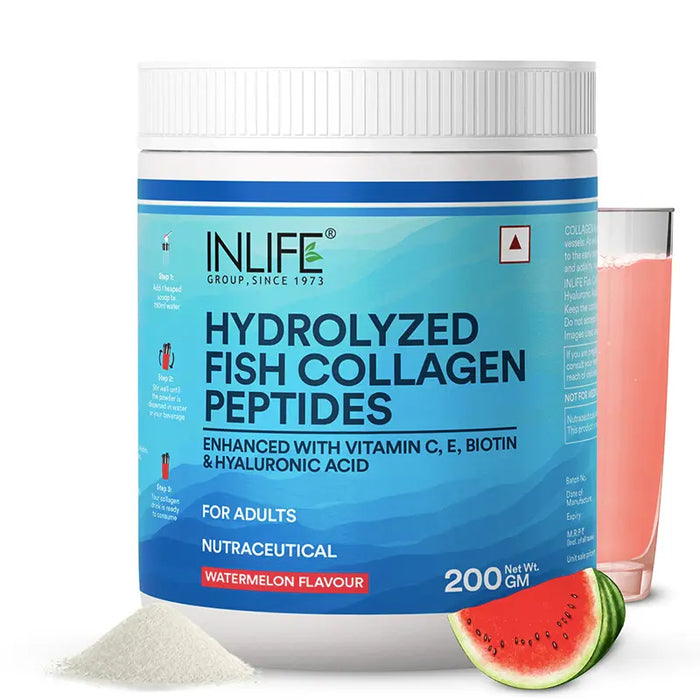 INLIFE Marine Collagen Powder | Fish Collagen Peptides Supplements for Skin | Vitamin E, Biotin, Hyaluronic Acid & Vitamin C | For Women & Men (Watermelon, 200g)