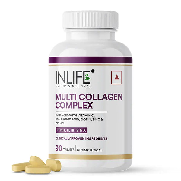 INLIFE Multi Collagen Complex Tablets | 5 Types Peptides I, II, III, V & X with Biotin, Hyaluronic Acid, Piperine for Skin and Hair | Collagen Powder Supplements for Women & Men - 90 Tablets (Pack of 1, 90)