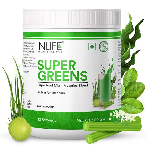 INLIFE Super Greens Powder Supplement | Spirulina, Moringa, Chlorella, Alfalfa, Wheat Grass, Barley Grass Blend | Immune Support for Men and Women , 200g (Super Greens)