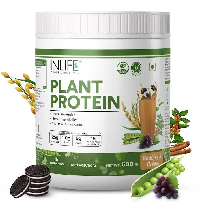 INLIFE Plant Protein Powder - Pea, Quinoa & Brown Rice - 25g Protein - Ashwagandha, Green Tea & Grape Seed Extract - Digestive Enzymes Bodybuilding Supplement (Cookies & Cream, 500g)