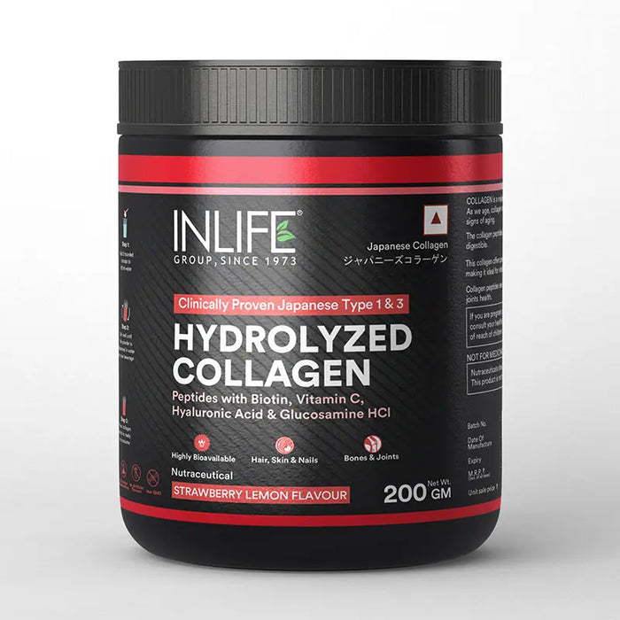 INLIFE Japanese Collagen Supplements for Women & Men | Hydrolyzed Collagen Powder For Skin, Hair & Joints | Clinically Proven Ingredient with Biotin, Hyaluronic Acid (Strawberry, Collagen, 200g)
