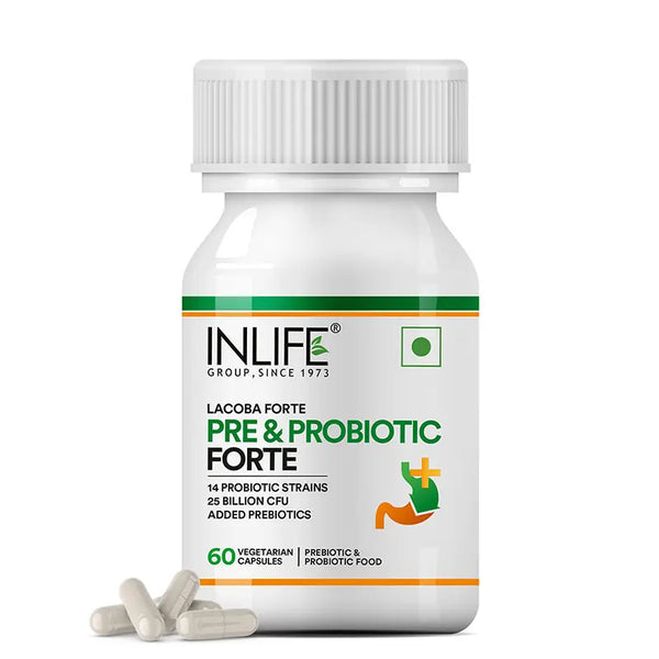 INLIFE Prebiotic and Probiotics Forte Supplement for Men & Women 25 billion CFU with 14 Strains | Digestion Gut & Immunity Health Supplement - 60 Vegetarian Capsules