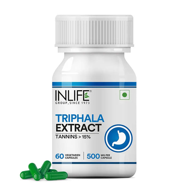INLIFE Triphala Capsules | Tannins > 15% | Amlaki Haritaki and Bibhitaki | Digestion Support Supplement, 500 mg - 60 Vegetarian Capsules (Pack of 1)