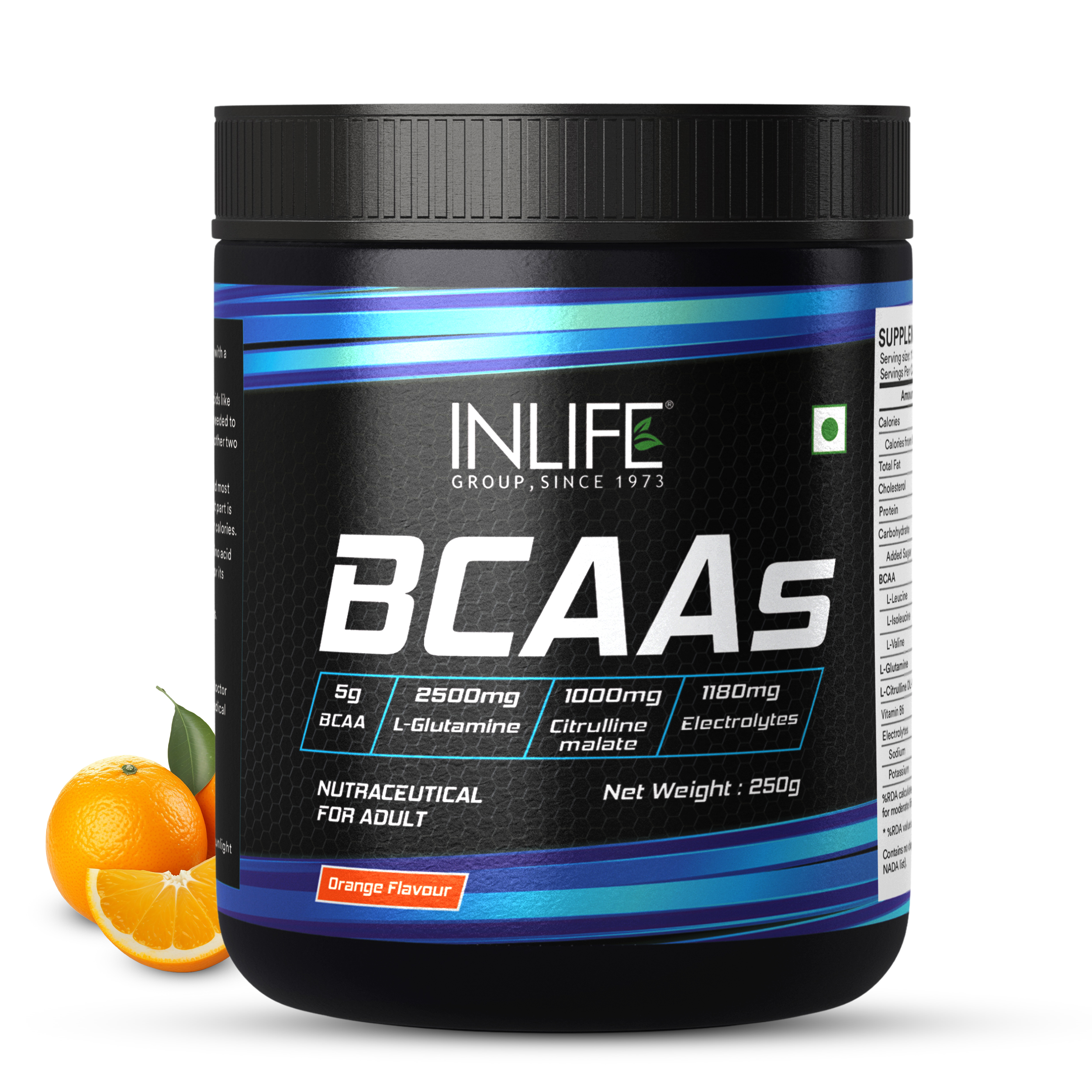 INLIFE BCAA Powder Supplement with Glutamine, Citrulline DL Malate, Vitamin B6 & Electrolytes | Amino Acids for Pre Post Intra Workout Energy Drinks for Athletes | Men & Women (Orange, 250g)