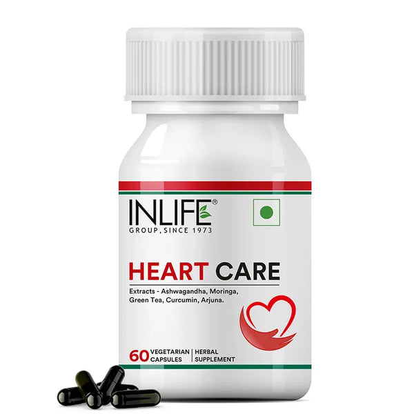 INLIFE Heart Care Supplement | Arjuna Moringa Ashwagandha Green Tea & Curcumin | Ayurvedic Product for Men Women - 60 Vegetarian Capsules (Pack of 1, 60)