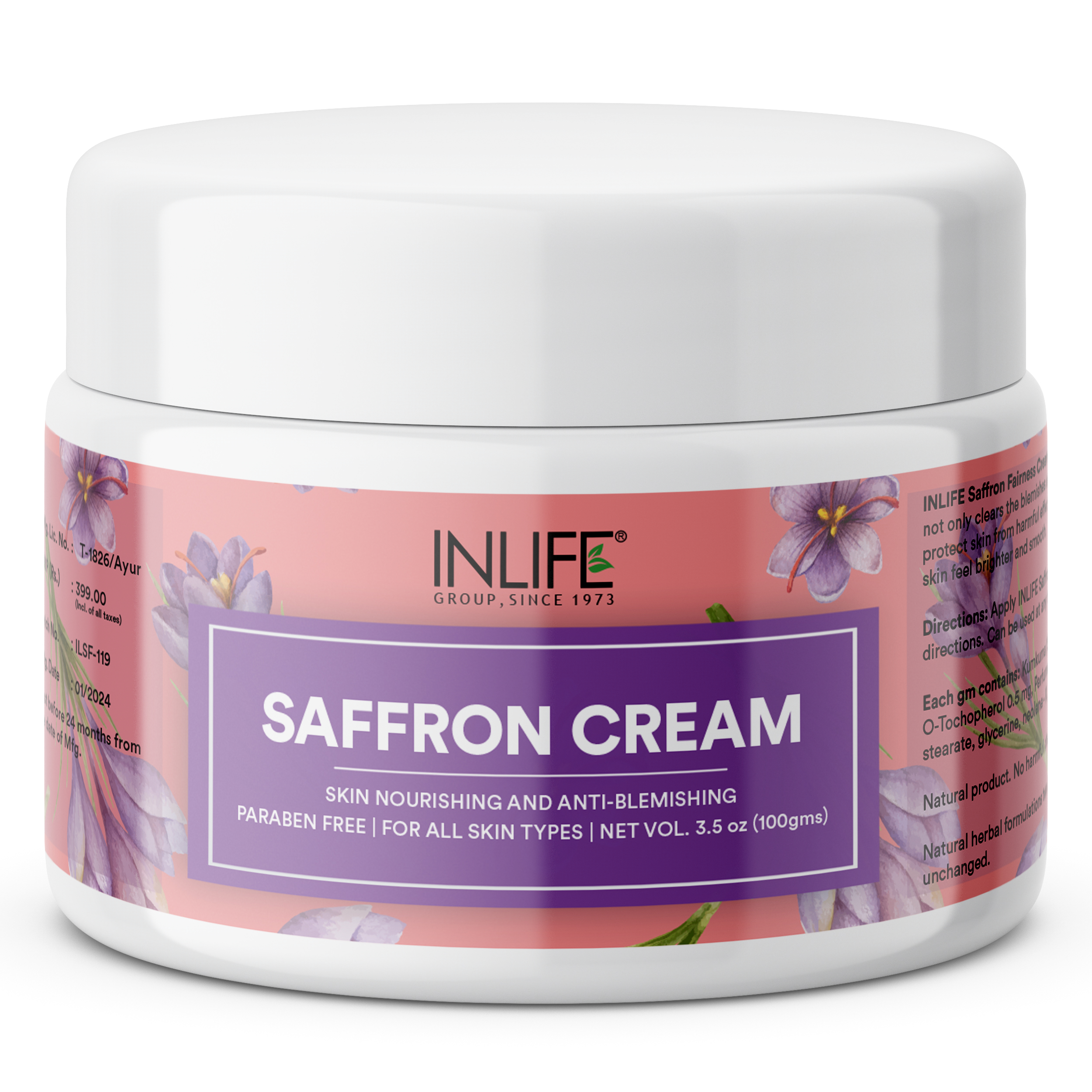 INLIFE Saffron Cream for Face | Ayurvedic Herbal Cosmetic | Paraben-Free | For Men & Women – 100g