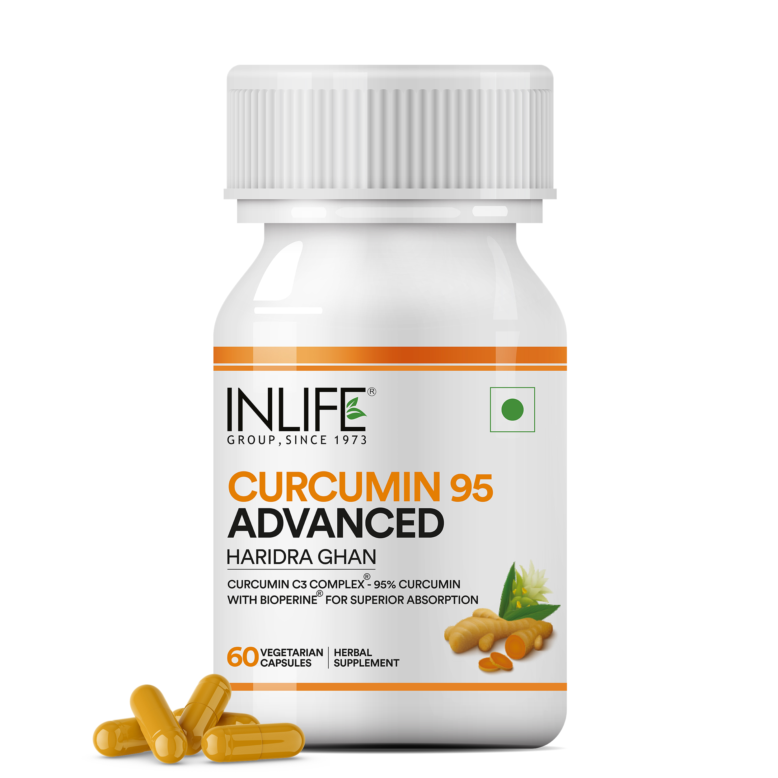 INLIFE Curcumin C3 Complex (95% Curcuminoids) 500 mg Turmeric with BioPerine (Piperine) Extract Supplement 5 mg - 60 Capsules (Curcumin 95, Pack of 1)