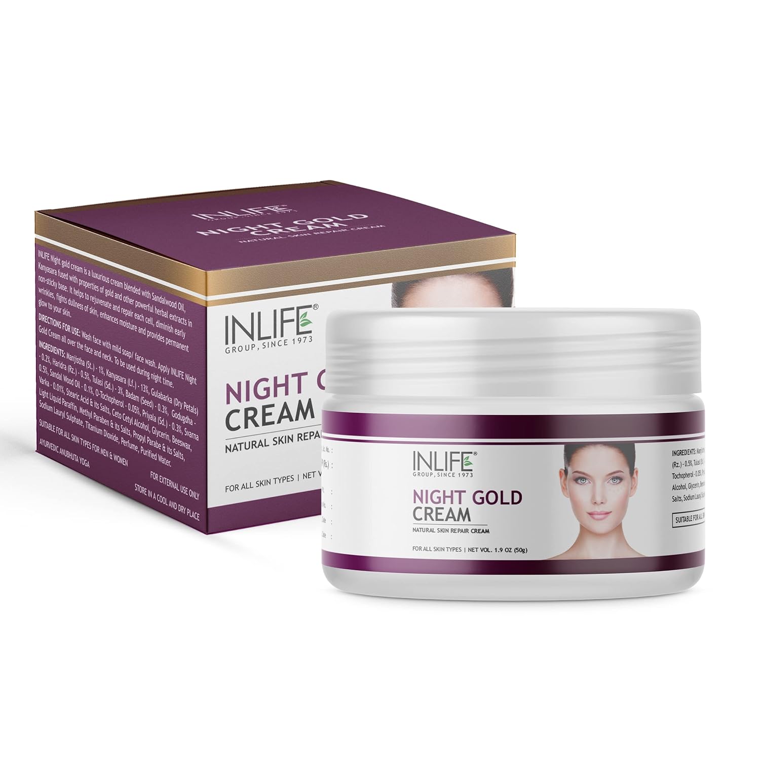 INLIFE Night Gold Cream | Luxurious Skincare with Almond Oil, Sandalwood Oil, Aloe Vera & More | For All Skin Types | Women and Men, 50g