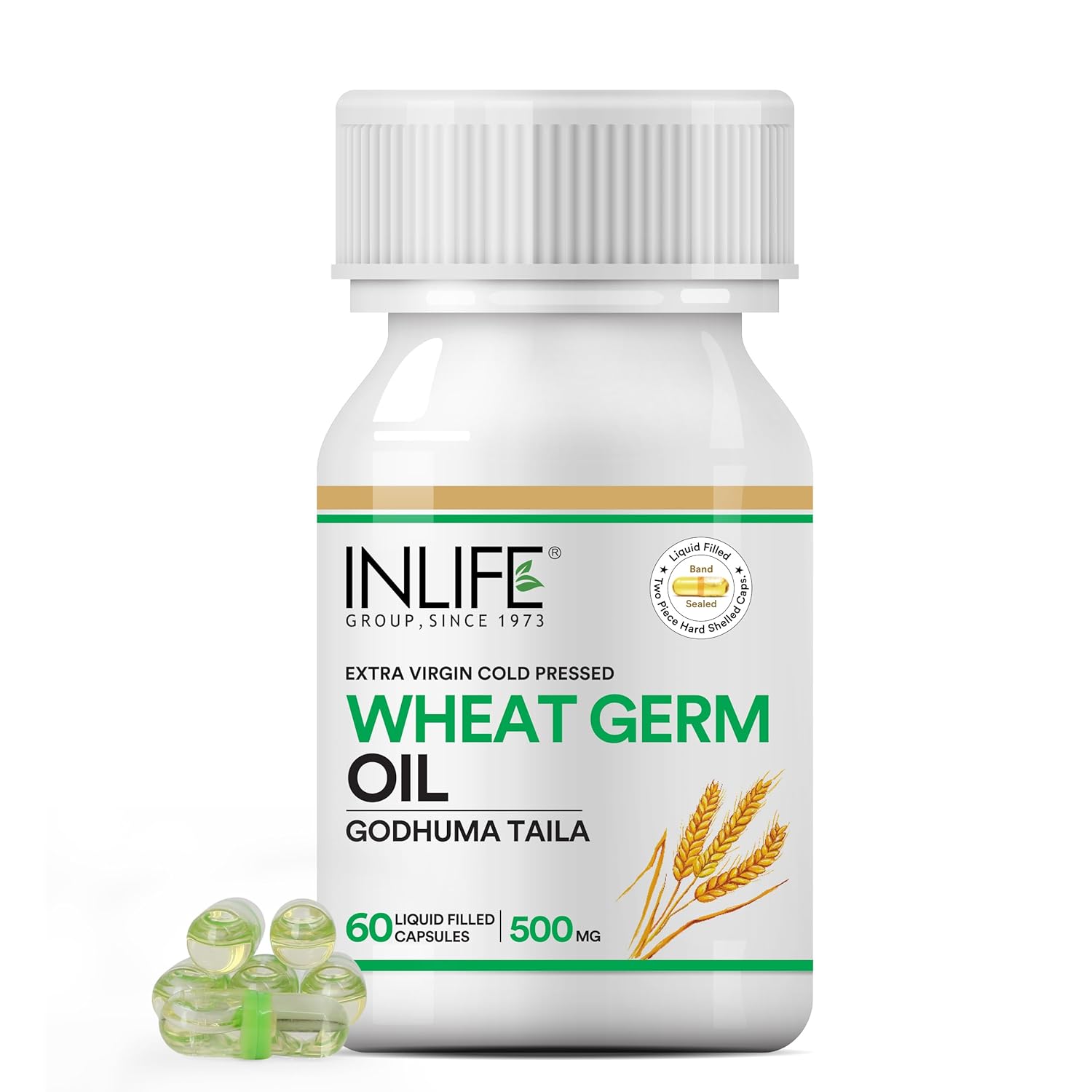 INLIFE Wheat Germ Oil Supplement | Natural Source of Vitamin E, 500 mg - 60 Capsules (pack of 1, 60)