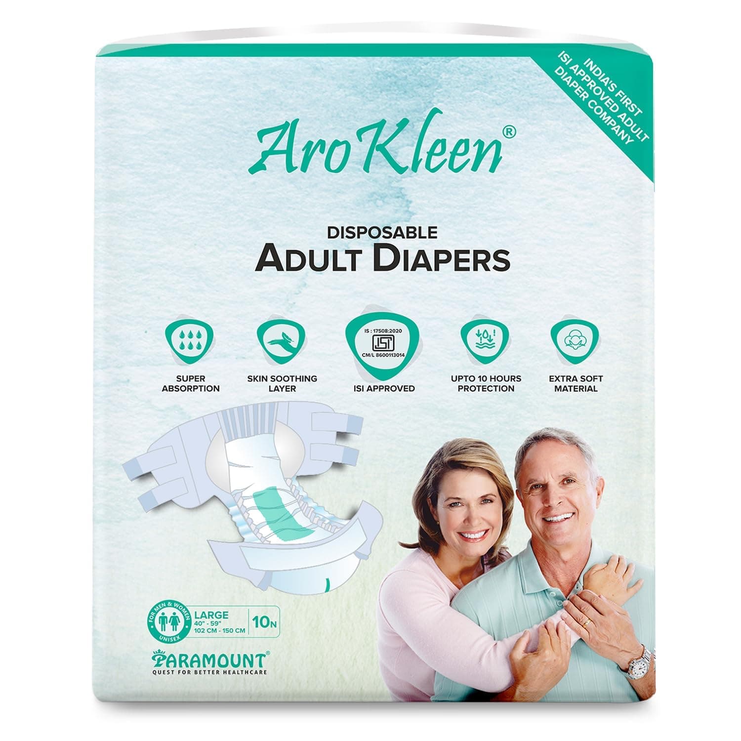 AROKLEEN (ISI CERTIFIED) 10 Count (Large) Tape Style Premium Adult Diaper With Odour Lock & Anti-Bacterial Absorbent Core, Wetness Indicator (Waist:102-150 CMS || 40"-59" Inch)